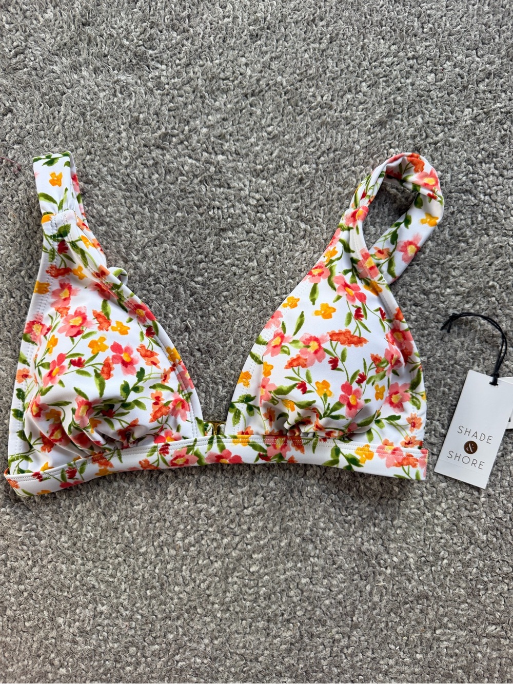 Shade & Shore White Floral Triangle Bikini Top with Pink & Yellow Blooms